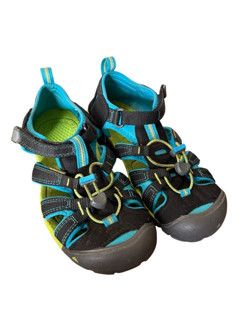 Keen Kids’ Sea Camp II Black Sandals with Teal and Lime Accents-Size 4